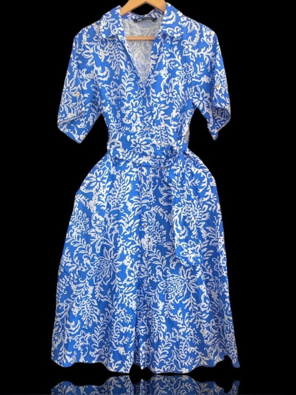Zara linen cotton floral belt button Blue/White Shirt Dress coastal XL print